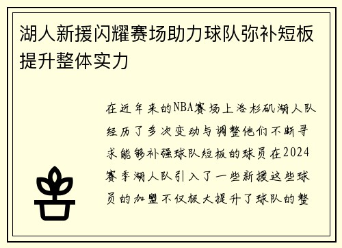 湖人新援闪耀赛场助力球队弥补短板提升整体实力