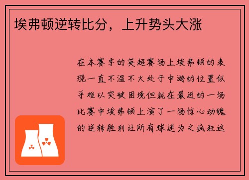 埃弗顿逆转比分，上升势头大涨