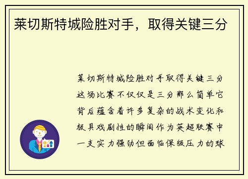 莱切斯特城险胜对手，取得关键三分